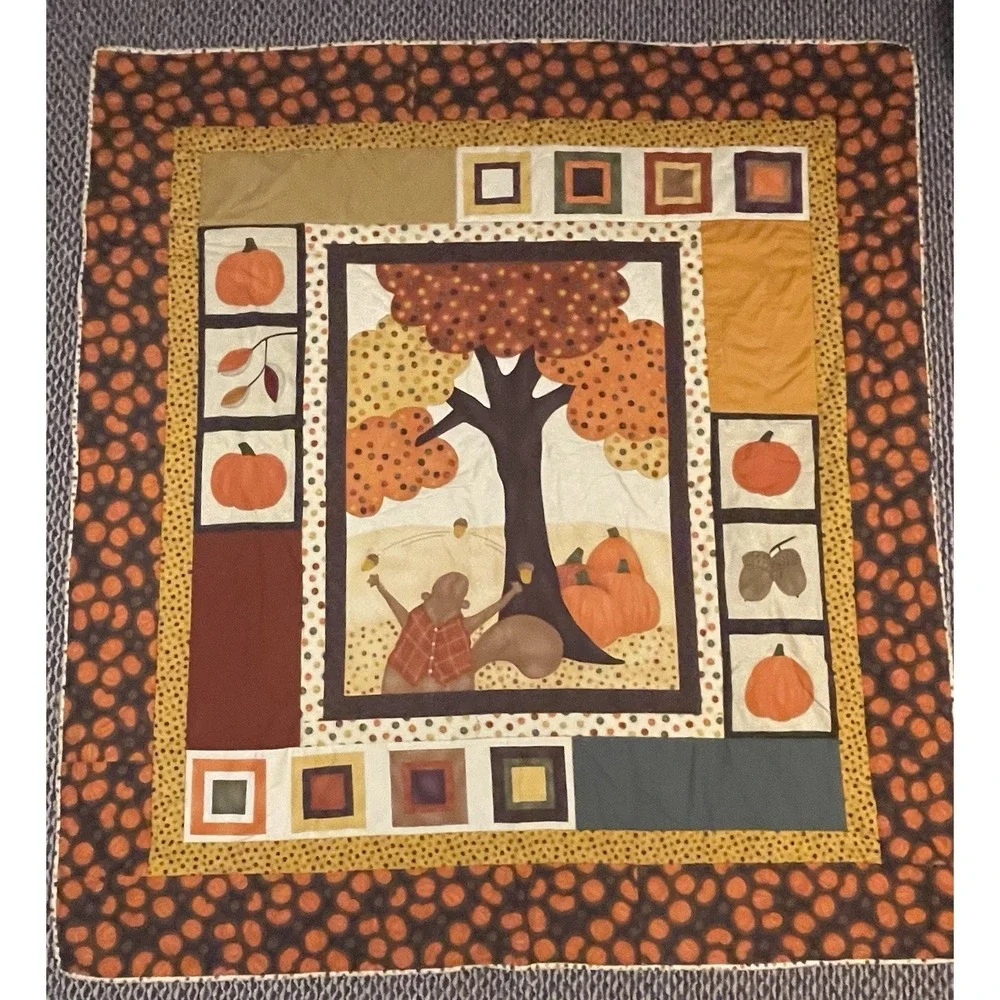 Autumn Quilt Blanket Quilted Wall Hanging Fall Tree Pumpkin Squirrel 52